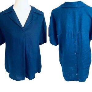 Soft Surroundings Linen Camp Shirt Navy Blue 100% Slub Linen  Womens Sz M